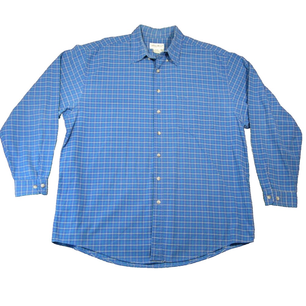 Vtg Eddie Bauer Shirt Mens XL Blue Plaid Check Button Up 90s Dad Preppy Camping
